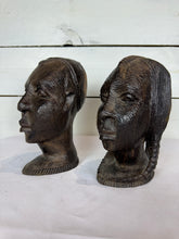 Load image into Gallery viewer, Mid Century Besmo African Tribal Bust Sculpture Carved in Ebony Wood Large Man & Woman - Sold as a set of two