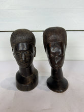 Load image into Gallery viewer, Mid Century Besmo African Tribal Bust Sculpture Carved in Ebony Wood Small Man & Woman - Sold as a Set of Two
