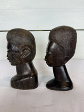 Load image into Gallery viewer, Mid Century Besmo African Tribal Bust Sculpture Carved in Ebony Wood Small Man & Woman - Sold as a Set of Two