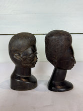 Load image into Gallery viewer, Mid Century Besmo African Tribal Bust Sculpture Carved in Ebony Wood Small Man & Woman - Sold as a Set of Two
