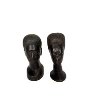 Load image into Gallery viewer, Mid Century Besmo African Tribal Bust Sculpture Carved in Ebony Wood Small Man & Woman - Sold as a Set of Two