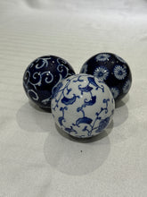 Load image into Gallery viewer, Vintage Blue and White Ceramic Porcelain Chinoiserie Balls, Orbs, Carpet Balls - Set of Three