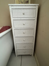 Load image into Gallery viewer, Vintage 1980s White Rattan Wicker Tall Dresser/Lingerie Chest with Glass Top