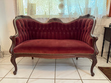 Load image into Gallery viewer, 1940s Victorian Carved Mahogany Red Wine Velvet Parlor Settee /Loveseat / Sofa / Couch