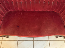 Load image into Gallery viewer, 1940s Victorian Carved Mahogany Red Wine Velvet Parlor Settee /Loveseat / Sofa / Couch