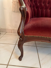 Load image into Gallery viewer, 1940s Victorian Carved Mahogany Red Wine Velvet Parlor Settee /Loveseat / Sofa / Couch