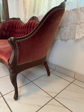 Load image into Gallery viewer, 1940s Victorian Carved Mahogany Red Wine Velvet Parlor Settee /Loveseat / Sofa / Couch