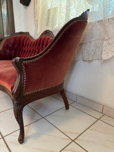 Load image into Gallery viewer, 1940s Victorian Carved Mahogany Red Wine Velvet Parlor Settee /Loveseat / Sofa / Couch