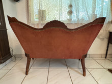 Load image into Gallery viewer, 1940s Victorian Carved Mahogany Red Wine Velvet Parlor Settee /Loveseat / Sofa / Couch