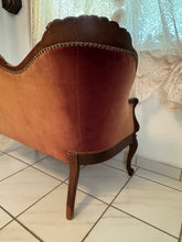 Load image into Gallery viewer, 1940s Victorian Carved Mahogany Red Wine Velvet Parlor Settee /Loveseat / Sofa / Couch