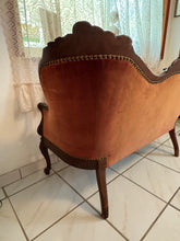 Load image into Gallery viewer, 1940s Victorian Carved Mahogany Red Wine Velvet Parlor Settee /Loveseat / Sofa / Couch