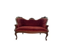Load image into Gallery viewer, 1940s Victorian Carved Mahogany Red Wine Velvet Parlor Settee /Loveseat / Sofa / Couch