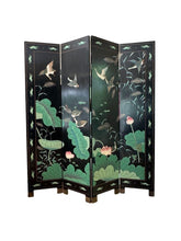 Load image into Gallery viewer, Vintage Chinese Four Panel Room Divider, Folding Screen with a Chinoiserie Pond Scene Painted on Both Sides
