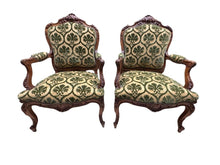 Load image into Gallery viewer, Antique French Louis XV Style Carved Walnut Bergere Armchairs with Green and Gold Damask and Nail head Details - Set of Two
