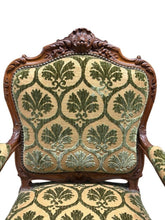 Load image into Gallery viewer, Antique French Louis XV Style Carved Walnut Bergere Armchairs with Green and Gold Damask and Nail head Details - Set of Two

