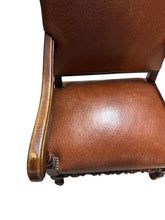 Load image into Gallery viewer, Antique Brown Leather Armchairs with Nailhead Details, Bobbin-Turned Legs, and Scrolled Arms- Set of 2, c. Early 1900s
