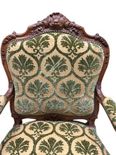 Load image into Gallery viewer, Antique French Louis XV Style Carved Walnut Bergere Armchairs with Green and Gold Damask and Nail head Details - Set of Two
