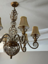 Load image into Gallery viewer, Vintage 1960s Regency Six Arm Chandelier with Gilt Iron and Crystal Beads
