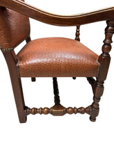 Load image into Gallery viewer, Antique Brown Leather Armchairs with Nailhead Details, Bobbin-Turned Legs, and Scrolled Arms- Set of 2, c. Early 1900s
