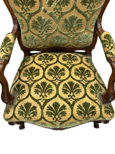 Load image into Gallery viewer, Antique French Louis XV Style Carved Walnut Bergere Armchairs with Green and Gold Damask and Nail head Details - Set of Two
