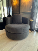Load image into Gallery viewer, Pottery Barn Balboa Swivel Chair in Slate Grey Performance Velvet - 40&quot; Medium Sized
