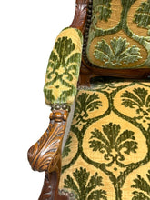 Load image into Gallery viewer, Antique French Louis XV Style Carved Walnut Bergere Armchairs with Green and Gold Damask and Nail head Details - Set of Two
