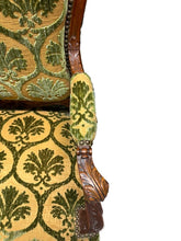 Load image into Gallery viewer, Antique French Louis XV Style Carved Walnut Bergere Armchairs with Green and Gold Damask and Nail head Details - Set of Two
