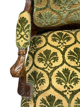 Load image into Gallery viewer, Antique French Louis XV Style Carved Walnut Bergere Armchairs with Green and Gold Damask and Nail head Details - Set of Two

