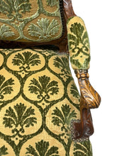 Load image into Gallery viewer, Antique French Louis XV Style Carved Walnut Bergere Armchairs with Green and Gold Damask and Nail head Details - Set of Two
