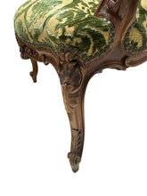 Load image into Gallery viewer, Antique French Louis XV Style Carved Walnut Bergere Armchairs with Green and Gold Damask and Nail head Details - Set of Two
