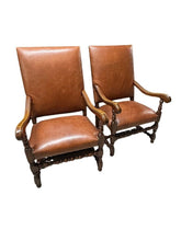 Load image into Gallery viewer, Antique Brown Leather Armchairs with Nailhead Details, Bobbin-Turned Legs, and Scrolled Arms- Set of 2, c. Early 1900s
