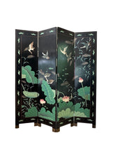 Load image into Gallery viewer, Vintage Chinese Four Panel Room Divider, Folding Screen with a Chinoiserie Pond Scene Painted on Both Sides
