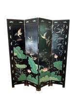 Load image into Gallery viewer, Vintage Chinese Four Panel Room Divider, Folding Screen with a Chinoiserie Pond Scene Painted on Both Sides
