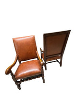 Load image into Gallery viewer, Antique Brown Leather Armchairs with Nailhead Details, Bobbin-Turned Legs, and Scrolled Arms- Set of 2, c. Early 1900s
