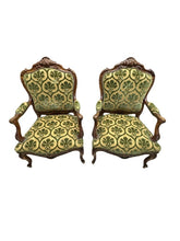 Load image into Gallery viewer, Antique French Louis XV Style Carved Walnut Bergere Armchairs with Green and Gold Damask and Nail head Details - Set of Two
