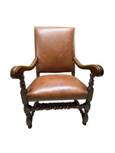 Load image into Gallery viewer, Antique Brown Leather Armchairs with Nailhead Details, Bobbin-Turned Legs, and Scrolled Arms- Set of 2, c. Early 1900s
