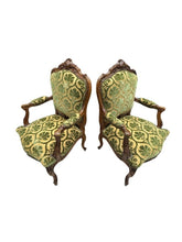 Load image into Gallery viewer, Antique French Louis XV Style Carved Walnut Bergere Armchairs with Green and Gold Damask and Nail head Details - Set of Two
