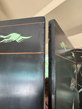 Load image into Gallery viewer, Vintage Chinese Four Panel Room Divider, Folding Screen with a Chinoiserie Pond Scene Painted on Both Sides
