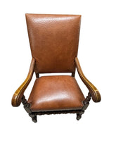 Load image into Gallery viewer, Antique Brown Leather Armchairs with Nailhead Details, Bobbin-Turned Legs, and Scrolled Arms- Set of 2, c. Early 1900s
