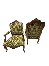 Load image into Gallery viewer, Antique French Louis XV Style Carved Walnut Bergere Armchairs with Green and Gold Damask and Nail head Details - Set of Two
