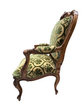 Load image into Gallery viewer, Antique French Louis XV Style Carved Walnut Bergere Armchairs with Green and Gold Damask and Nail head Details - Set of Two
