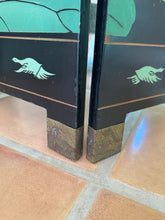 Load image into Gallery viewer, Vintage Chinese Four Panel Room Divider, Folding Screen with a Chinoiserie Pond Scene Painted on Both Sides
