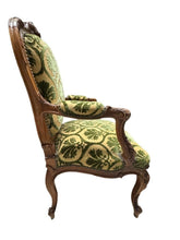 Load image into Gallery viewer, Antique French Louis XV Style Carved Walnut Bergere Armchairs with Green and Gold Damask and Nail head Details - Set of Two
