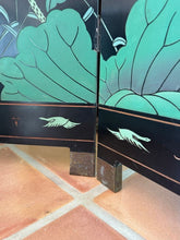 Load image into Gallery viewer, Vintage Chinese Four Panel Room Divider, Folding Screen with a Chinoiserie Pond Scene Painted on Both Sides
