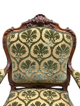 Load image into Gallery viewer, Antique French Louis XV Style Carved Walnut Bergere Armchairs with Green and Gold Damask and Nail head Details - Set of Two
