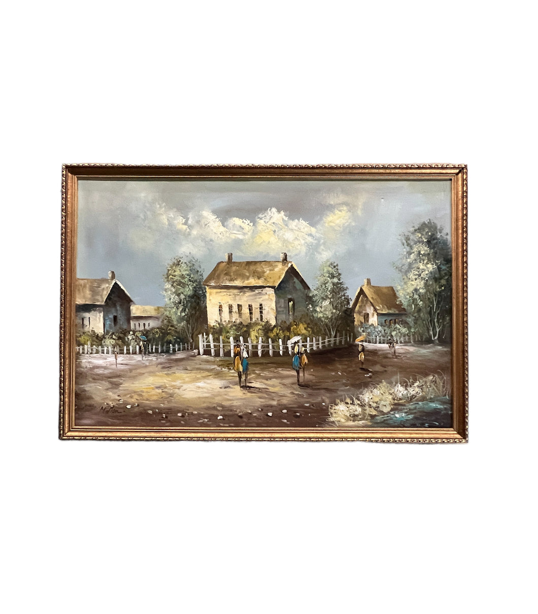 Vintage Old Rural Village Signed by Melton - original oil on canvas