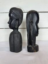 Load image into Gallery viewer, Mid Century Besmo African Tribal Bust Sculpture Carved in Ebony Wood Man &amp; Woman - Sold as a set of two
