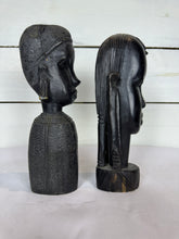 Load image into Gallery viewer, Mid Century Besmo African Tribal Bust Sculpture Carved in Ebony Wood Man &amp; Woman - Sold as a set of two
