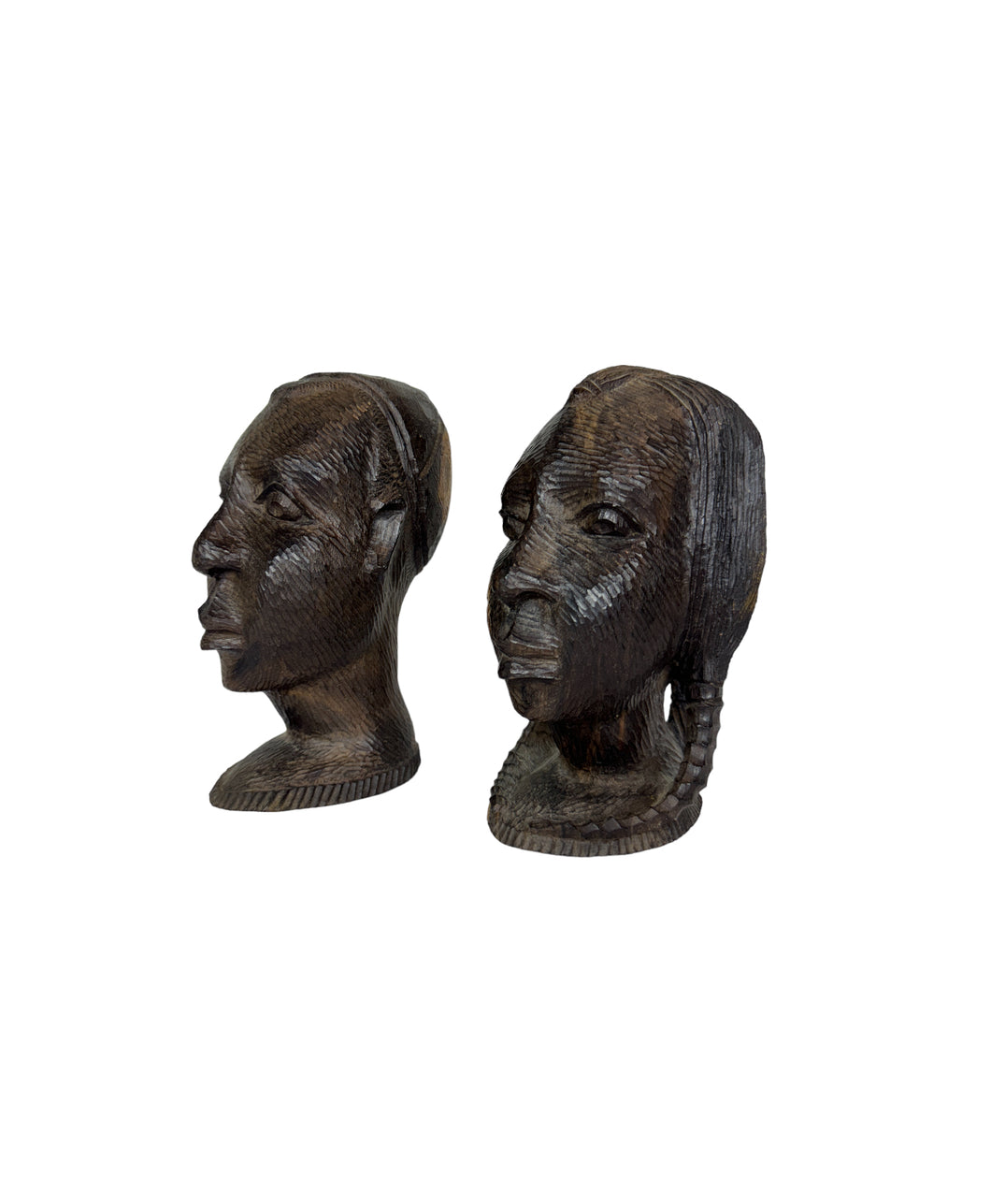 Mid Century Besmo African Tribal Bust Sculpture Carved in Ebony Wood Large Man & Woman - Sold as a set of two