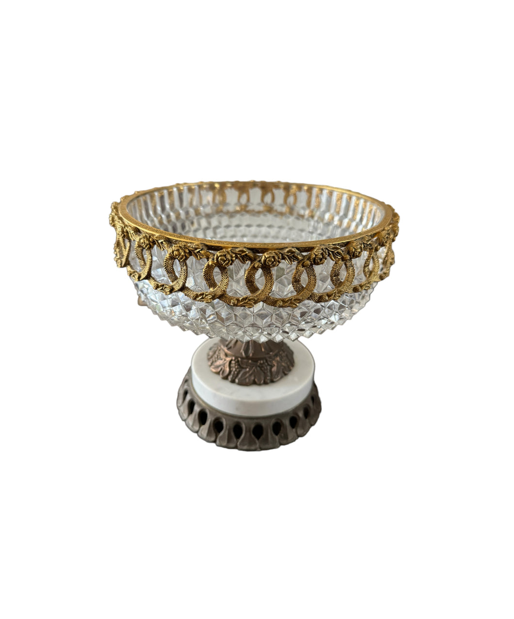 Vintage Italian Centerpiece, Fruit Bowl, Compote with Cut Glass, Marble and Gilt Metal Base